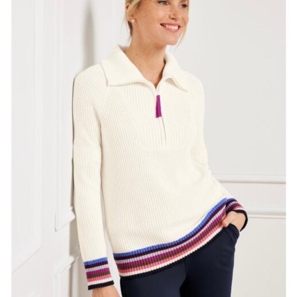 Talbots Quarter Zip Sweater Cream with Multi Color Stripes Women's Plus Size 2X